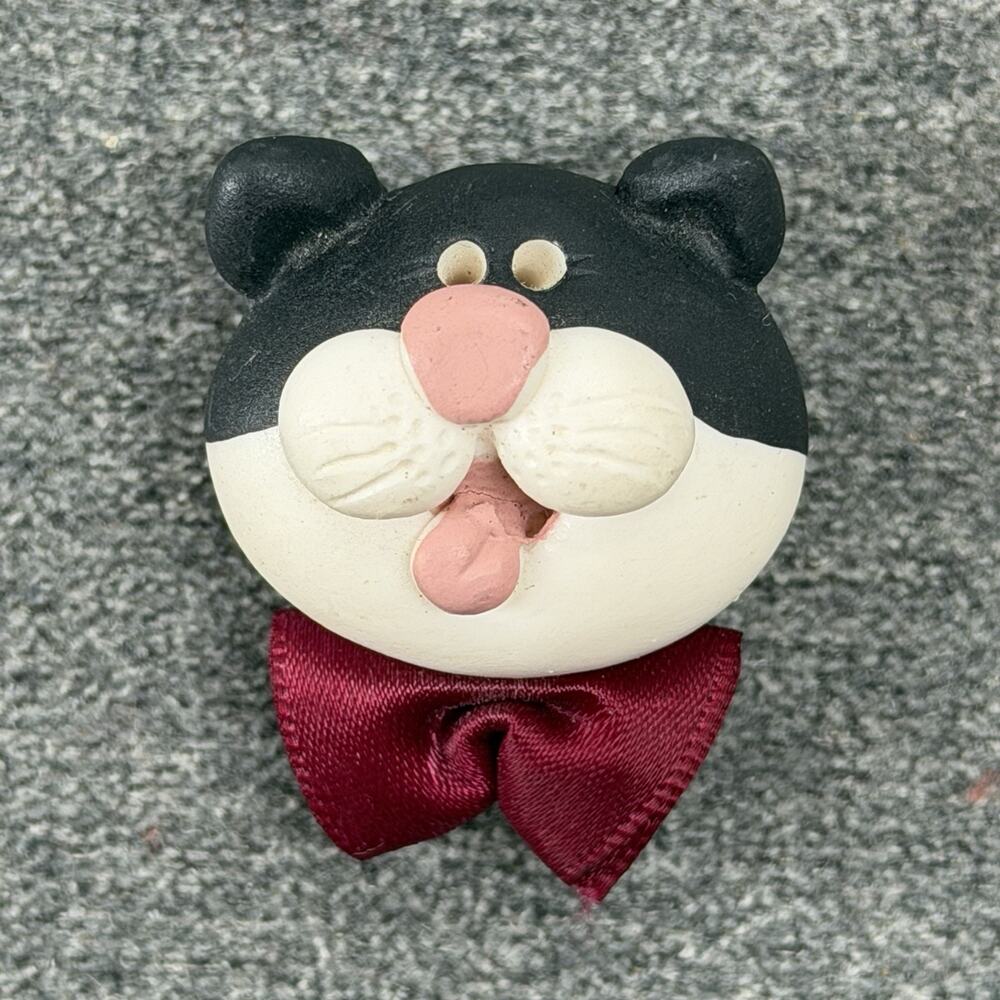 Vintage Tuxedo Cat Fridge Magnet Red Bowtie Clay Critters Inc Retro Kitsch Art